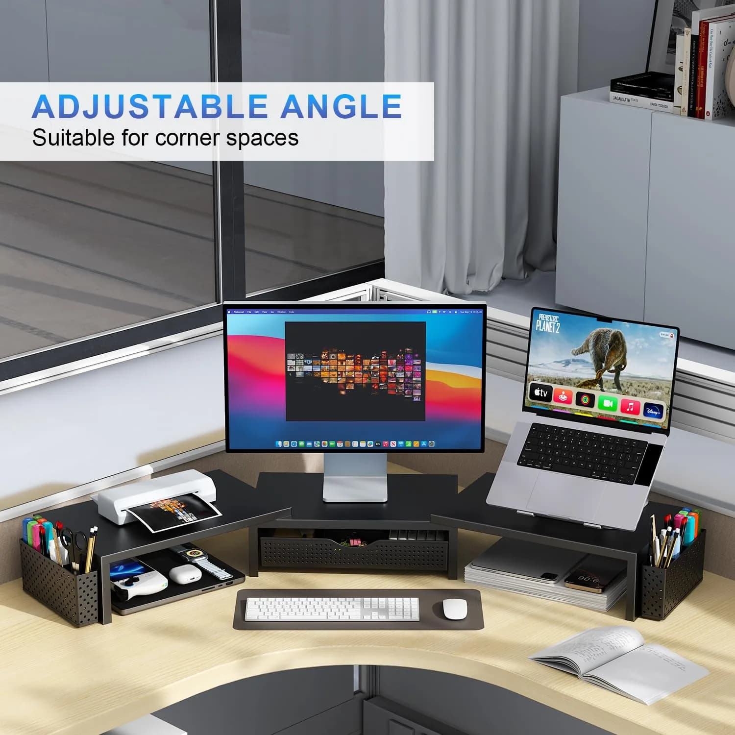 gianotter Dual Monitor Stand Riser with Drawer and Pen Holders, Black | USPTO Patented Organizer - view 5