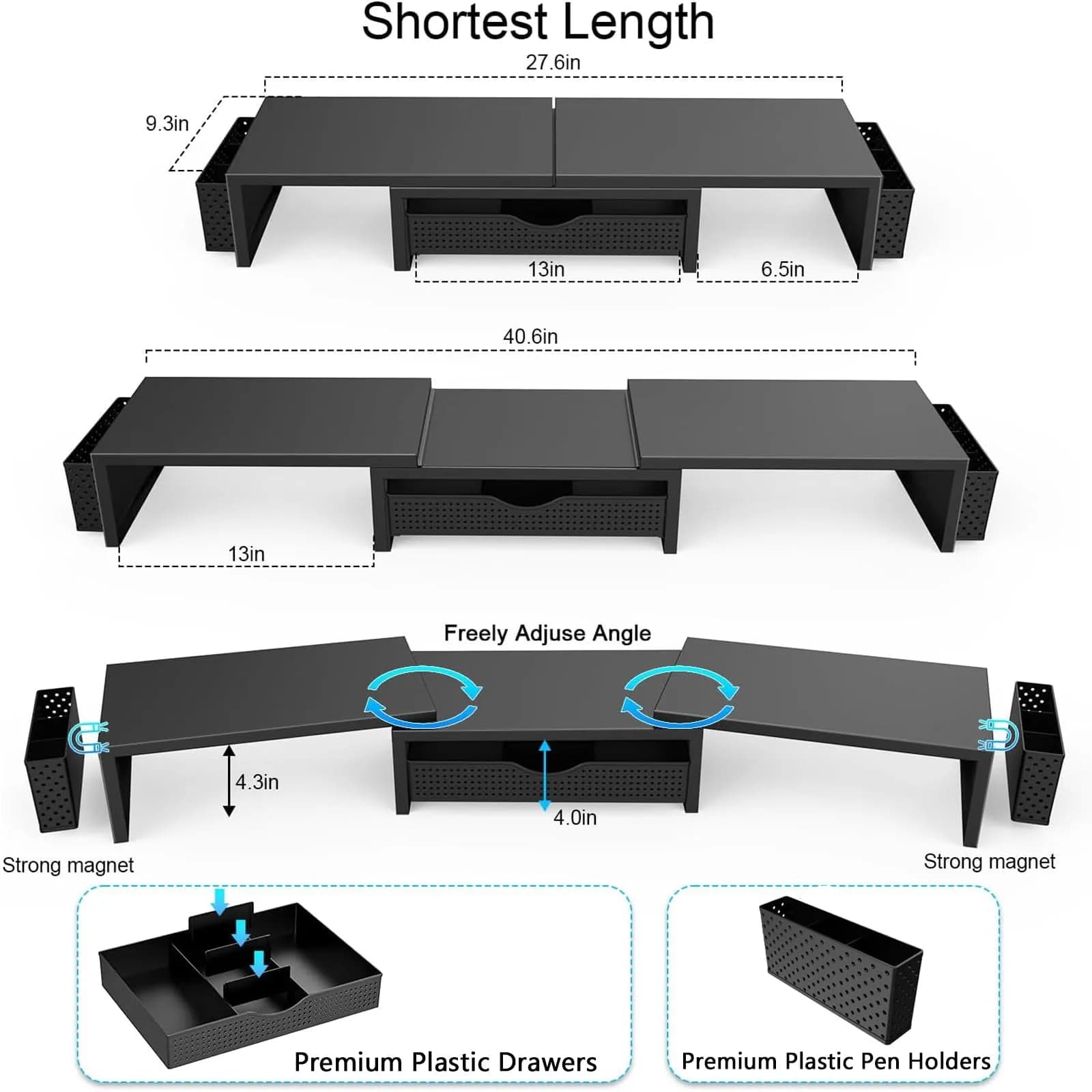 gianotter Dual Monitor Stand Riser with Drawer and Pen Holders, Black | USPTO Patented Organizer - view 6