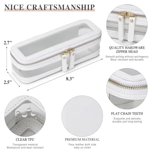 Pinkmik Slim Clear Makeup Brush Case White 21.5cm (8.46") | Waterproof Faux Leather Travel Cosmetic Bag thumbnail 4
