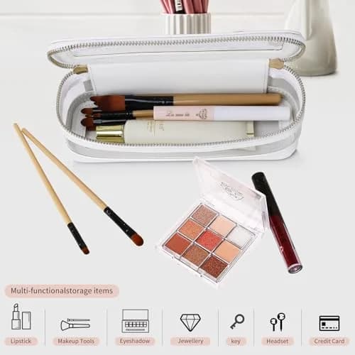 Pinkmik Slim Clear Makeup Brush Case White 21.5cm (8.46") | Waterproof Faux Leather Travel Cosmetic Bag thumbnail 5