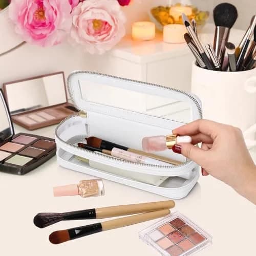 Pinkmik Slim Clear Makeup Brush Case White 21.5cm (8.46") | Waterproof Faux Leather Travel Cosmetic Bag thumbnail 3
