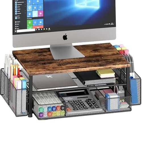 OPNICE 2-Tier Monitor Stand Riser with Drawer and Pen Holders, Brown Wood Finish | Ergonomic Computer Workstation Organizer - main product image