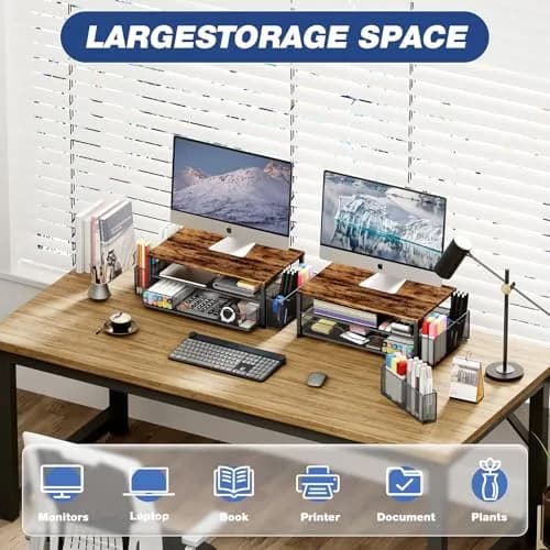 OPNICE 2-Tier Monitor Stand Riser with Drawer and Pen Holders, Brown 36.4 cm (14.4 in) | Ergonomic Design for Office Organization thumbnail 4