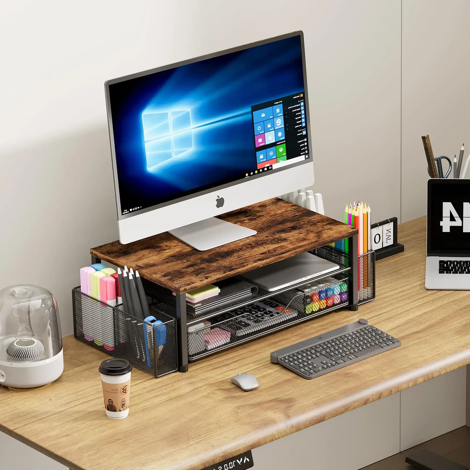 OPNICE 2-Tier Monitor Stand Riser with Drawer and Pen Holders, Brown 36.4 cm (14.4 in) | Ergonomic Design for Office Organization - view 5