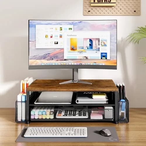 OPNICE 2-Tier Monitor Stand Riser with Drawer and Pen Holders, Brown 36.4 cm (14.4 in) | Ergonomic Design for Office Organization thumbnail 2