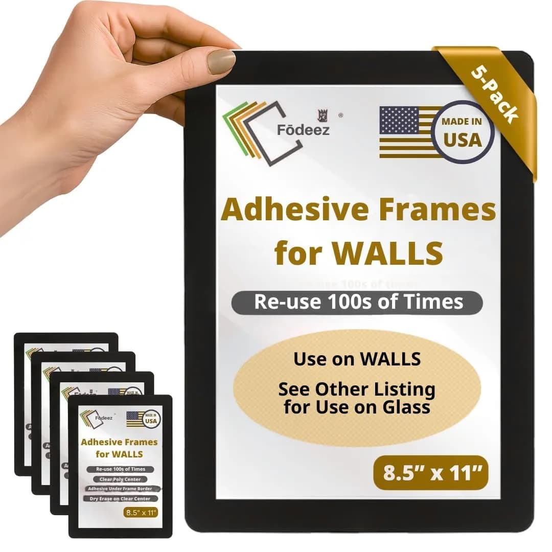 Fodeez 8.5 x 11 Adhesive Wall Frames - Peel & Stick Picture Frames, Dry Erase, Reusable, Pack of 5