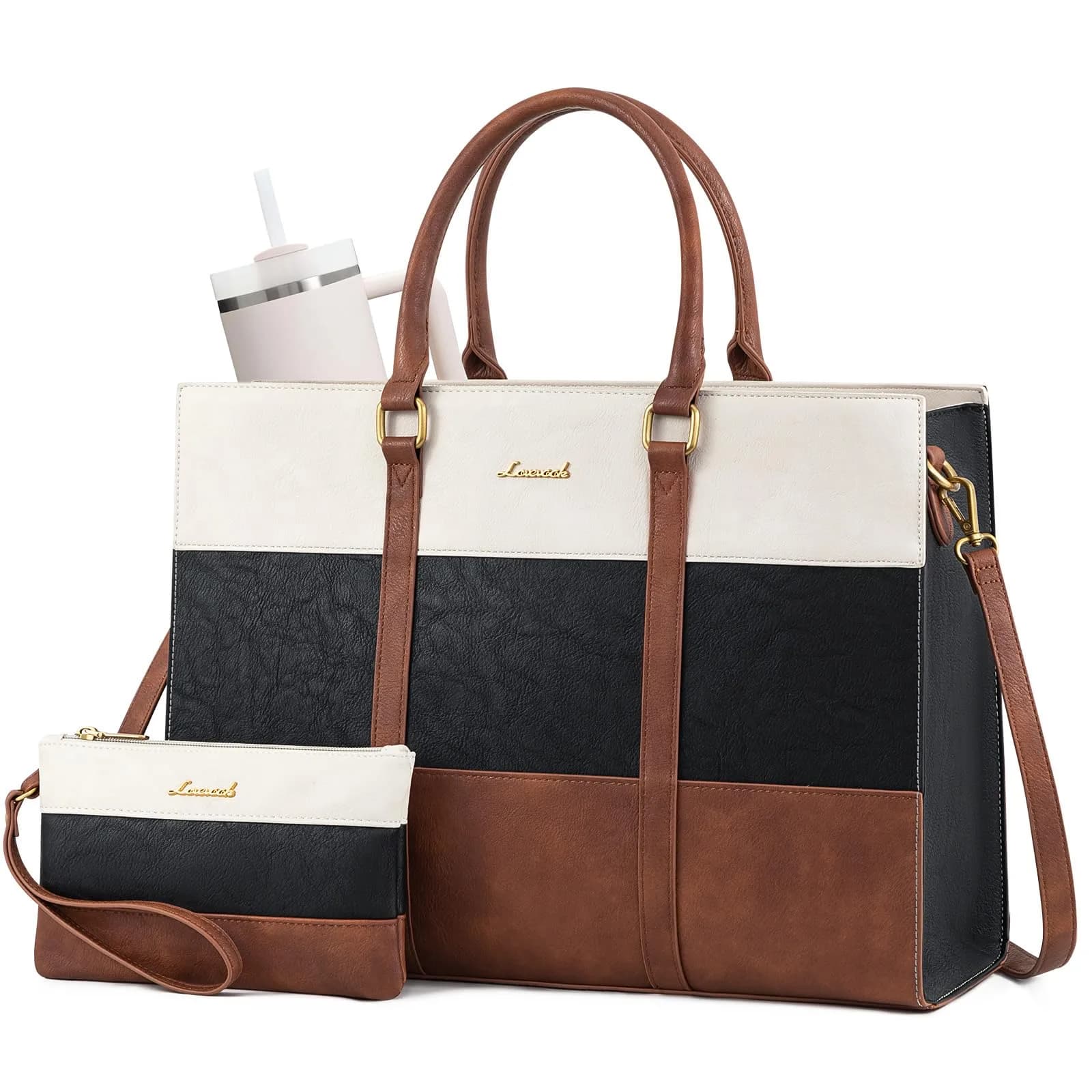 LOVEVOOK Laptop Bag for Women, 15.6 Inch Vintage Leather Tote Bag | Waterproof Computer Bag with Clutch Purse