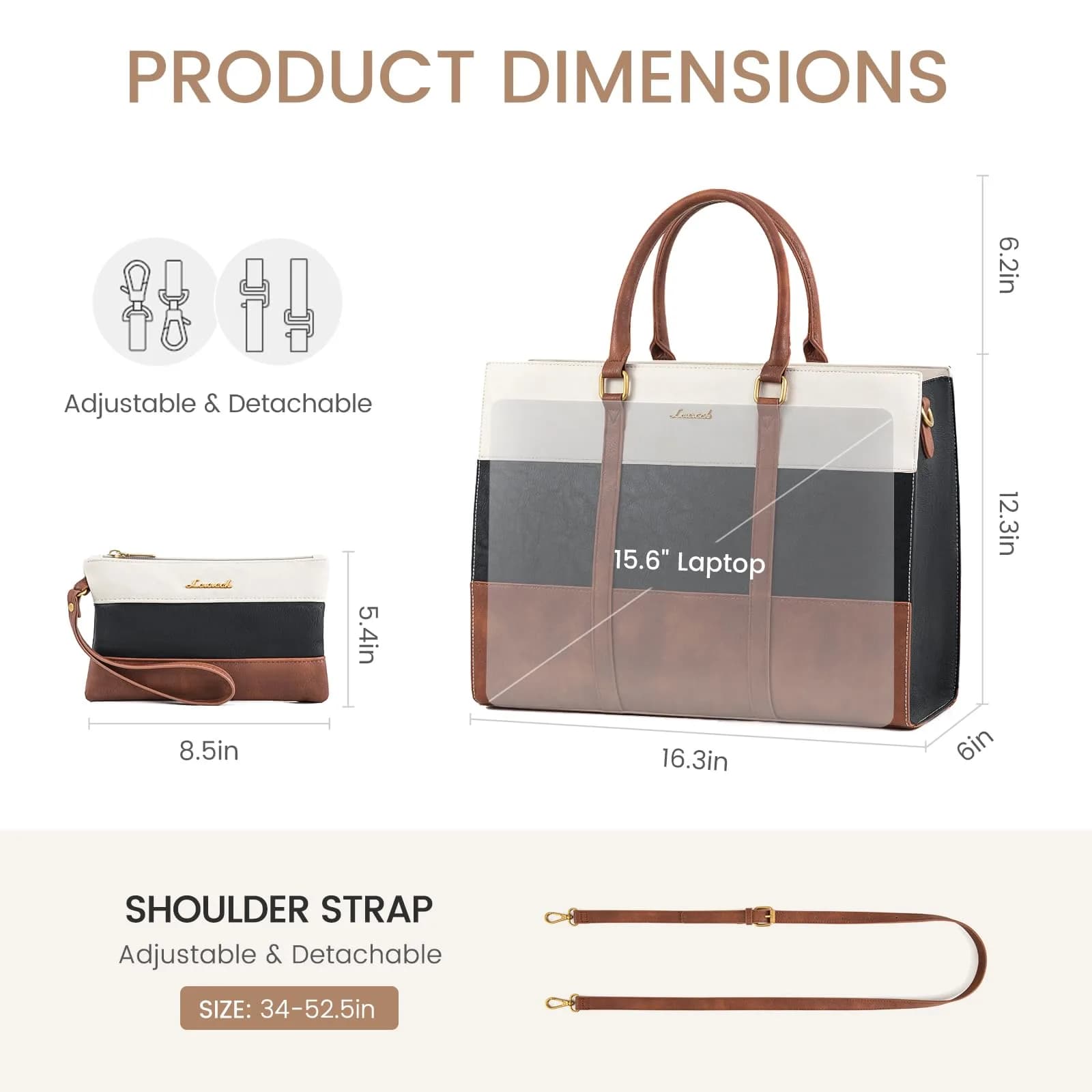 LOVEVOOK Laptop Bag for Women, 15.6 Inch Vintage Leather Tote Bag | Waterproof Computer Bag with Clutch Purse - view 5
