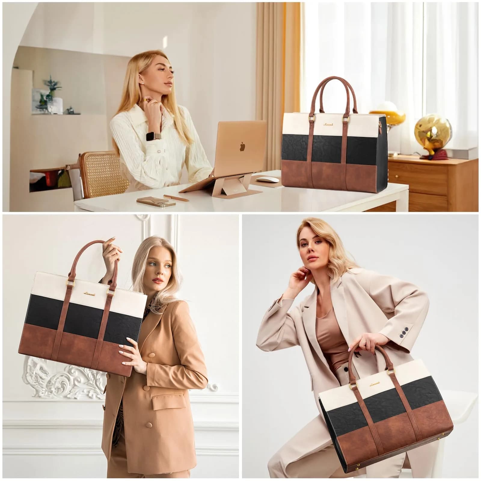 LOVEVOOK Laptop Bag for Women, 15.6 Inch Vintage Leather Tote Bag | Waterproof Computer Bag with Clutch Purse - view 7