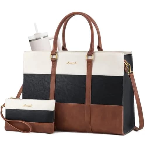 LOVEVOOK Laptop Bag for Women, 15.6 Inch Vintage Leather Tote Bag | Waterproof Computer Bag with Clutch Purse thumbnail 1