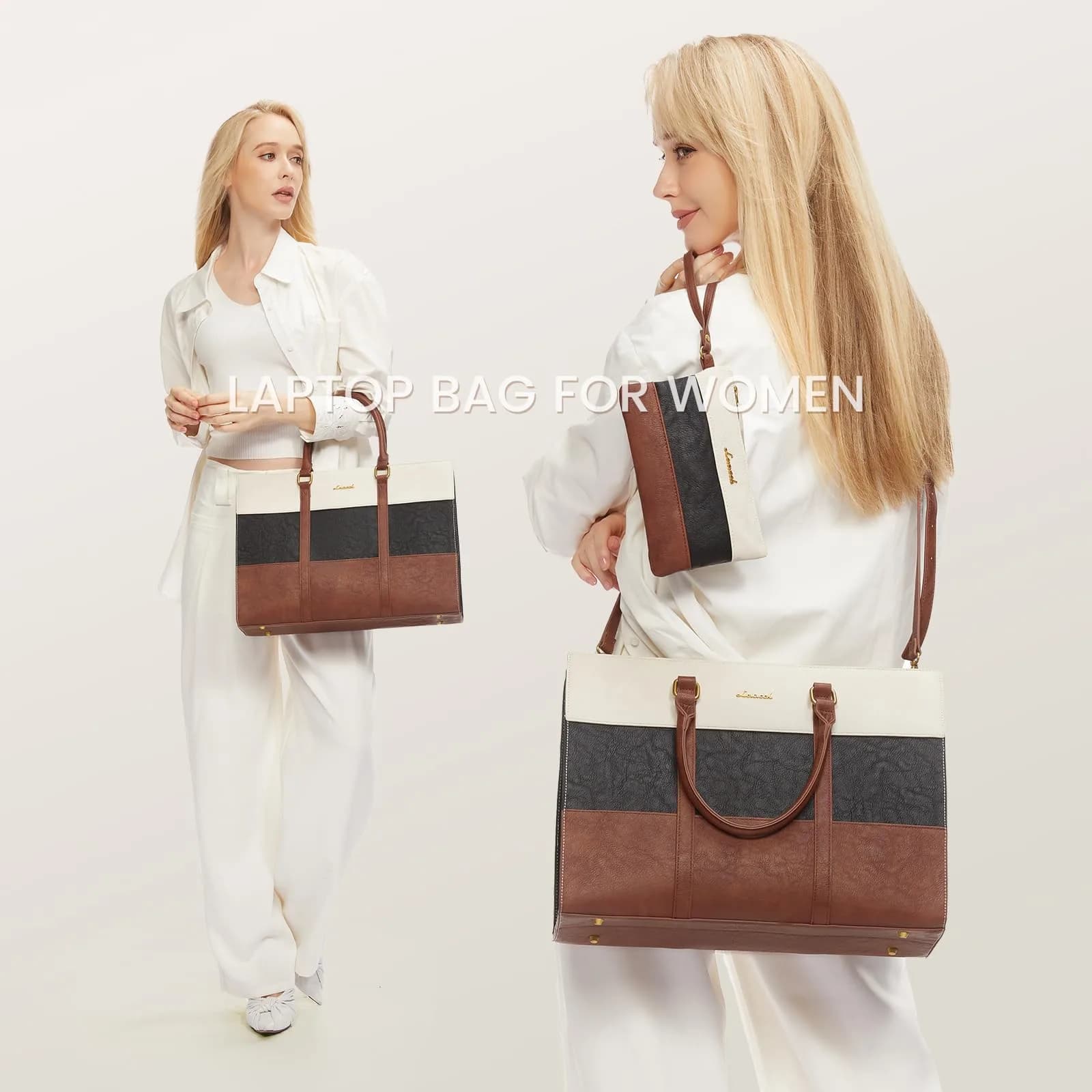 LOVEVOOK Laptop Bag for Women, 15.6 Inch Vintage Leather Tote Bag | Waterproof Computer Bag with Clutch Purse - view 2