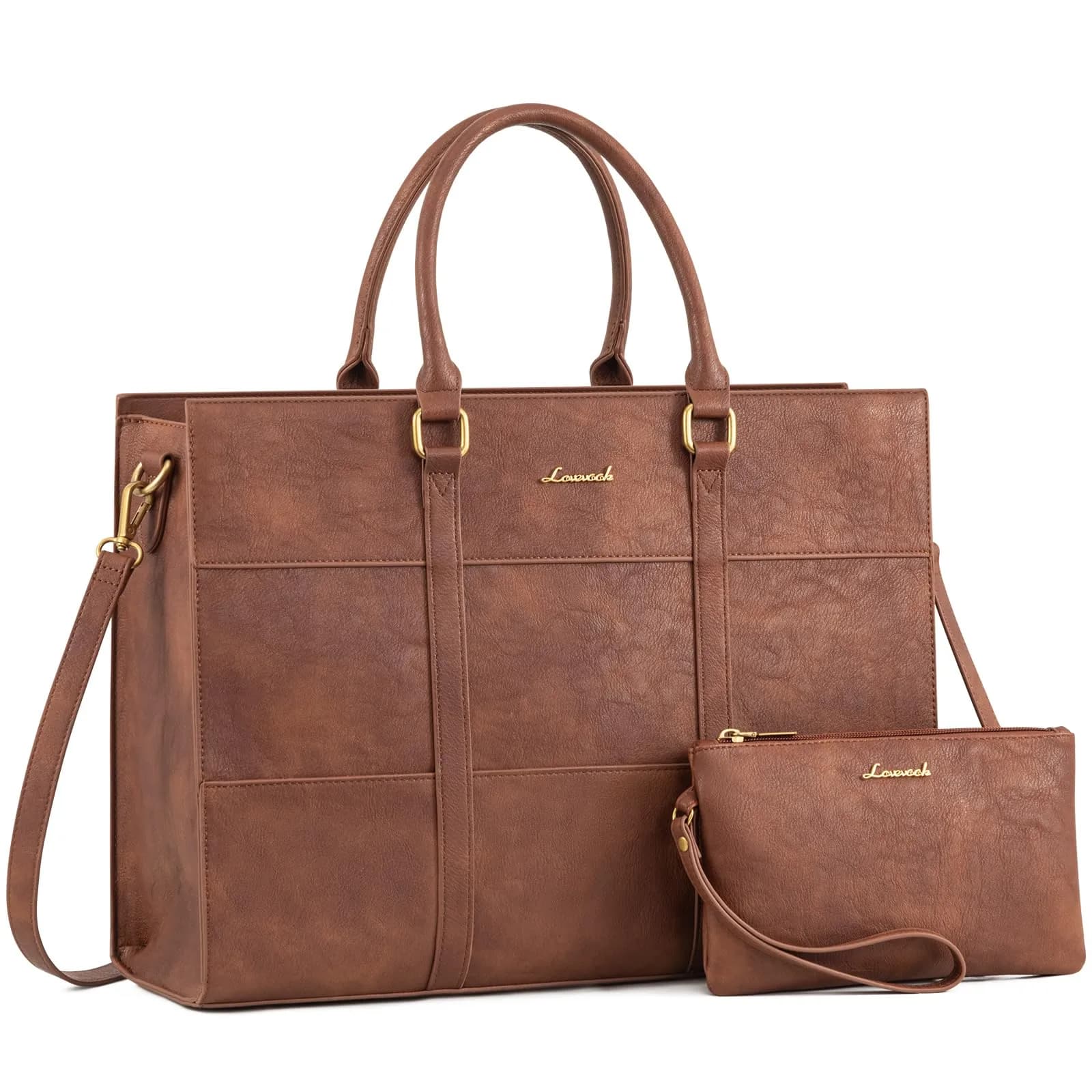 LOVEVOOK Laptop Bag for Women, 15.6 Inch Vintage Leather Tote Bag | Waterproof Work Bag with Clutch Purse