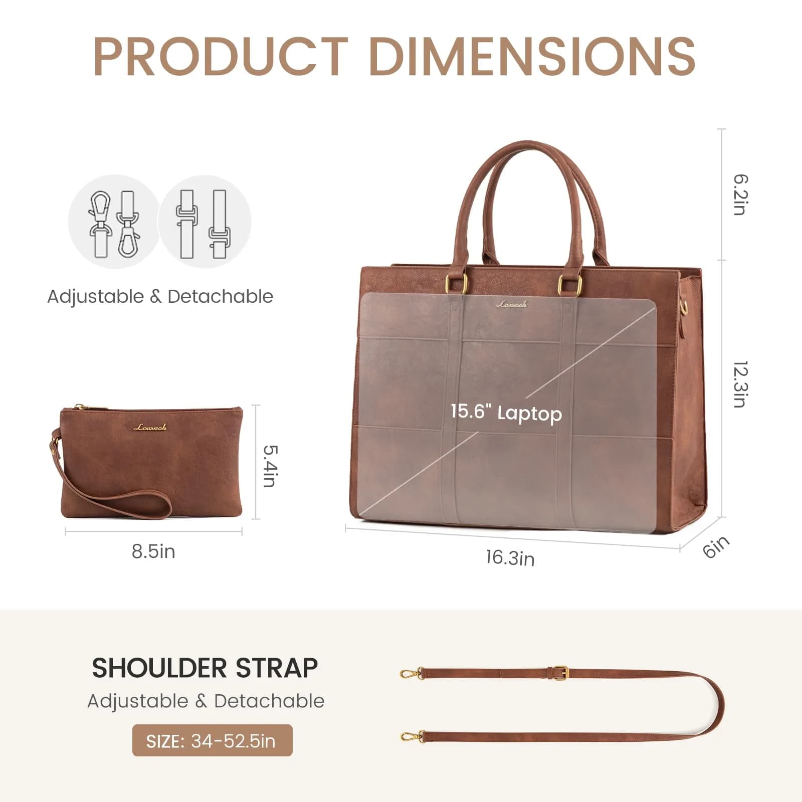 LOVEVOOK Laptop Bag for Women, 15.6 Inch Vintage Leather Tote Bag | Waterproof Work Bag with Clutch Purse - view 5
