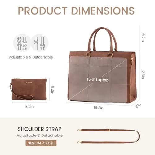 LOVEVOOK Laptop Bag for Women, 15.6 Inch Vintage Leather Tote Bag | Waterproof Work Bag with Clutch Purse thumbnail 5