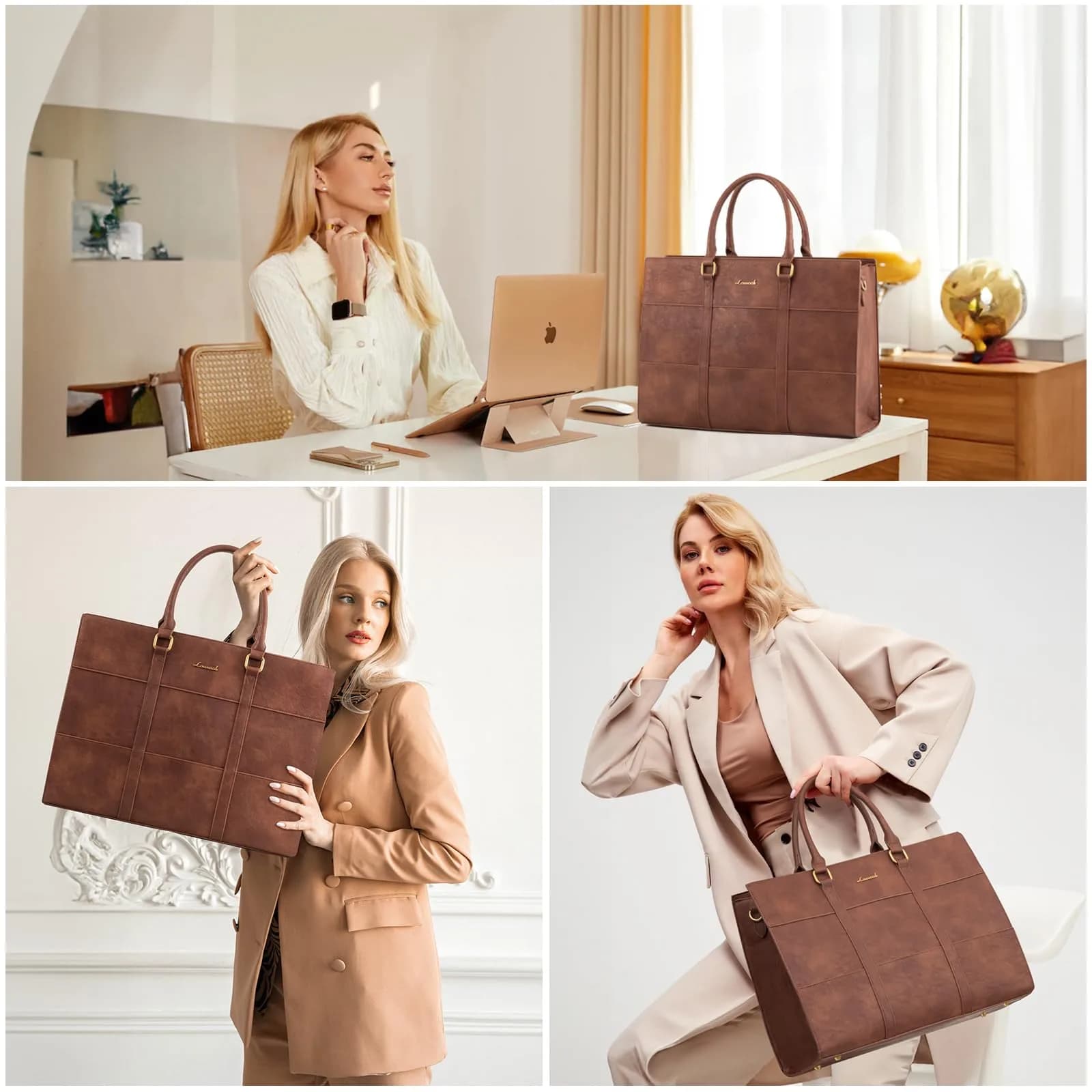 LOVEVOOK Laptop Bag for Women, 15.6 Inch Vintage Leather Tote Bag | Waterproof Work Bag with Clutch Purse - view 8