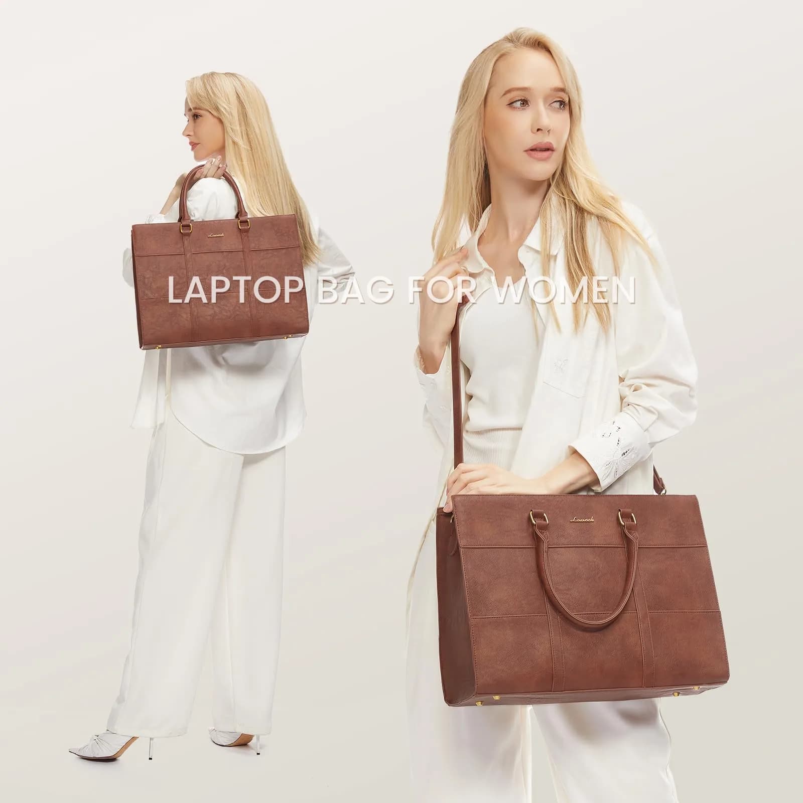 LOVEVOOK Laptop Bag for Women, 15.6 Inch Vintage Leather Tote Bag | Waterproof Work Bag with Clutch Purse - view 2