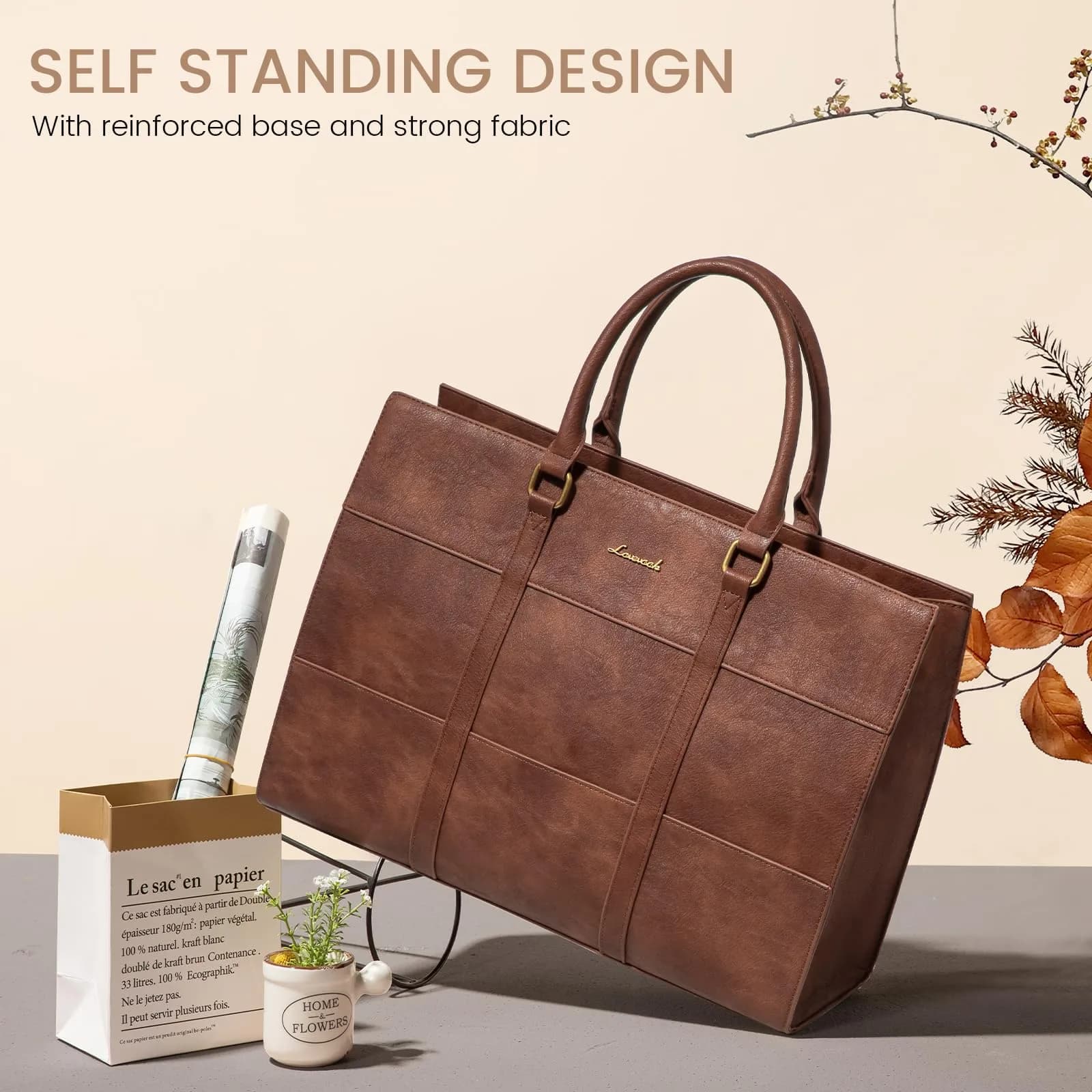LOVEVOOK Laptop Bag for Women, 15.6 Inch Vintage Leather Tote Bag | Waterproof Work Bag with Clutch Purse - view 3