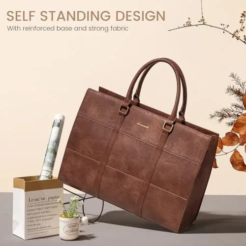 LOVEVOOK Laptop Bag for Women, 15.6 Inch Vintage Leather Tote Bag | Waterproof Work Bag with Clutch Purse thumbnail 3