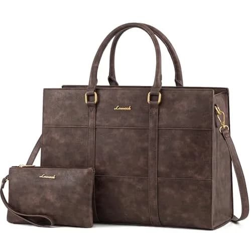LOVEVOOK Vintage Leather Laptop Tote Bag for Women, 15.6 Inch (39.6 cm) with Clutch Purse | Waterproof Business Office Bag — Dark Brown