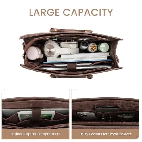 LOVEVOOK Vintage Leather Laptop Tote Bag for Women, 15.6 Inch (39.6 cm) with Clutch Purse | Waterproof Business Office Bag thumbnail 4