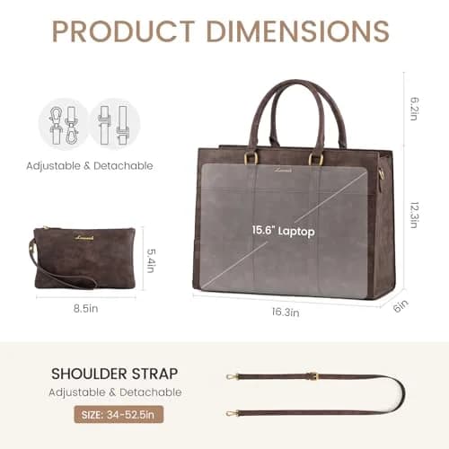 LOVEVOOK Vintage Leather Laptop Tote Bag for Women, 15.6 Inch (39.6 cm) with Clutch Purse | Waterproof Business Office Bag thumbnail 5