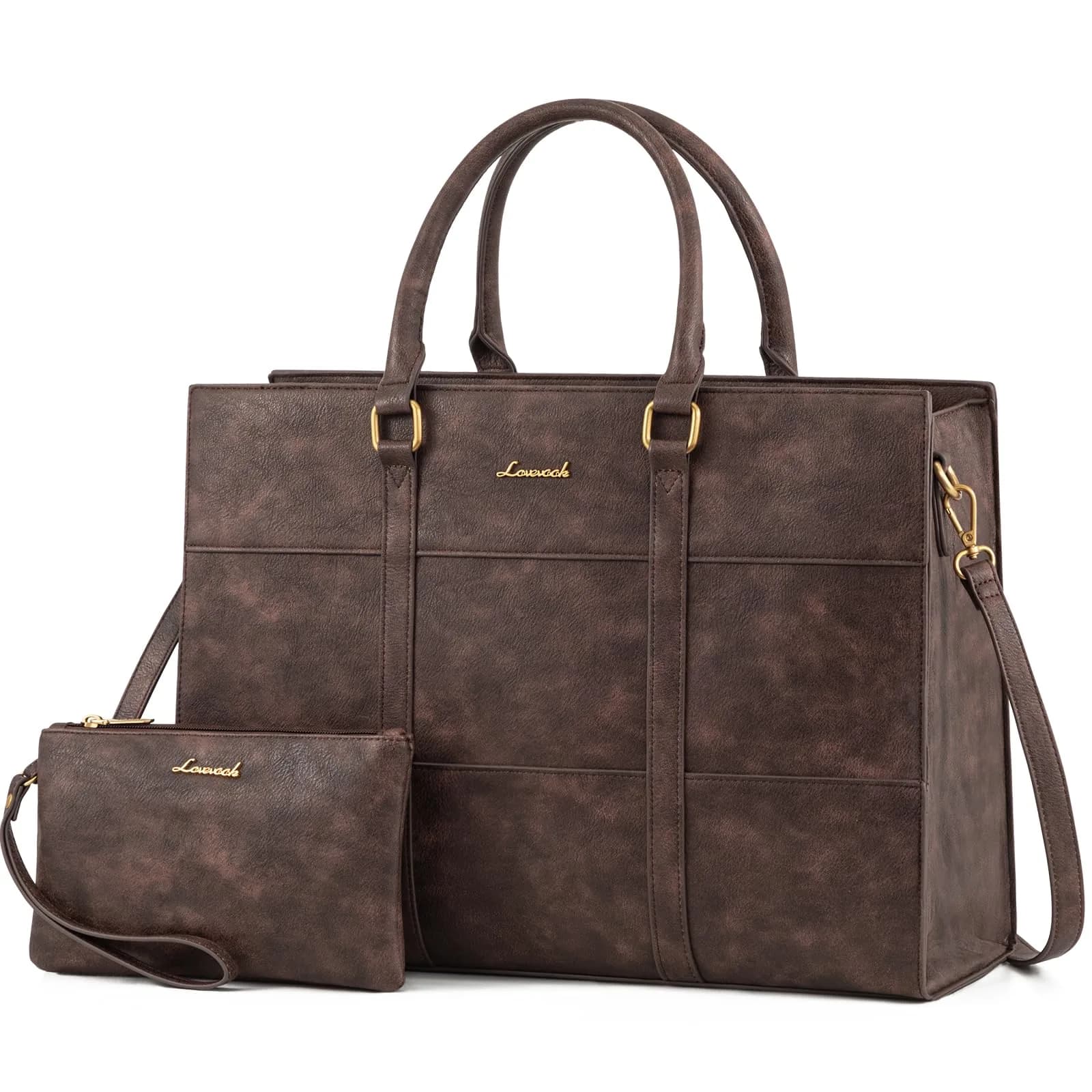 LOVEVOOK Vintage Leather Laptop Tote Bag for Women, 15.6 Inch (39.6 cm) with Clutch Purse | Waterproof Business Office Bag - main product image