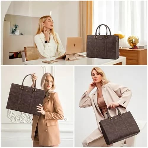 LOVEVOOK Vintage Leather Laptop Tote Bag for Women, 15.6 Inch (39.6 cm) with Clutch Purse | Waterproof Business Office Bag thumbnail 8