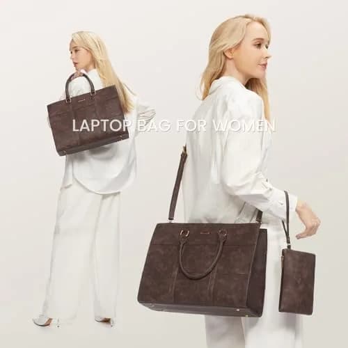 LOVEVOOK Vintage Leather Laptop Tote Bag for Women, 15.6 Inch (39.6 cm) with Clutch Purse | Waterproof Business Office Bag thumbnail 2