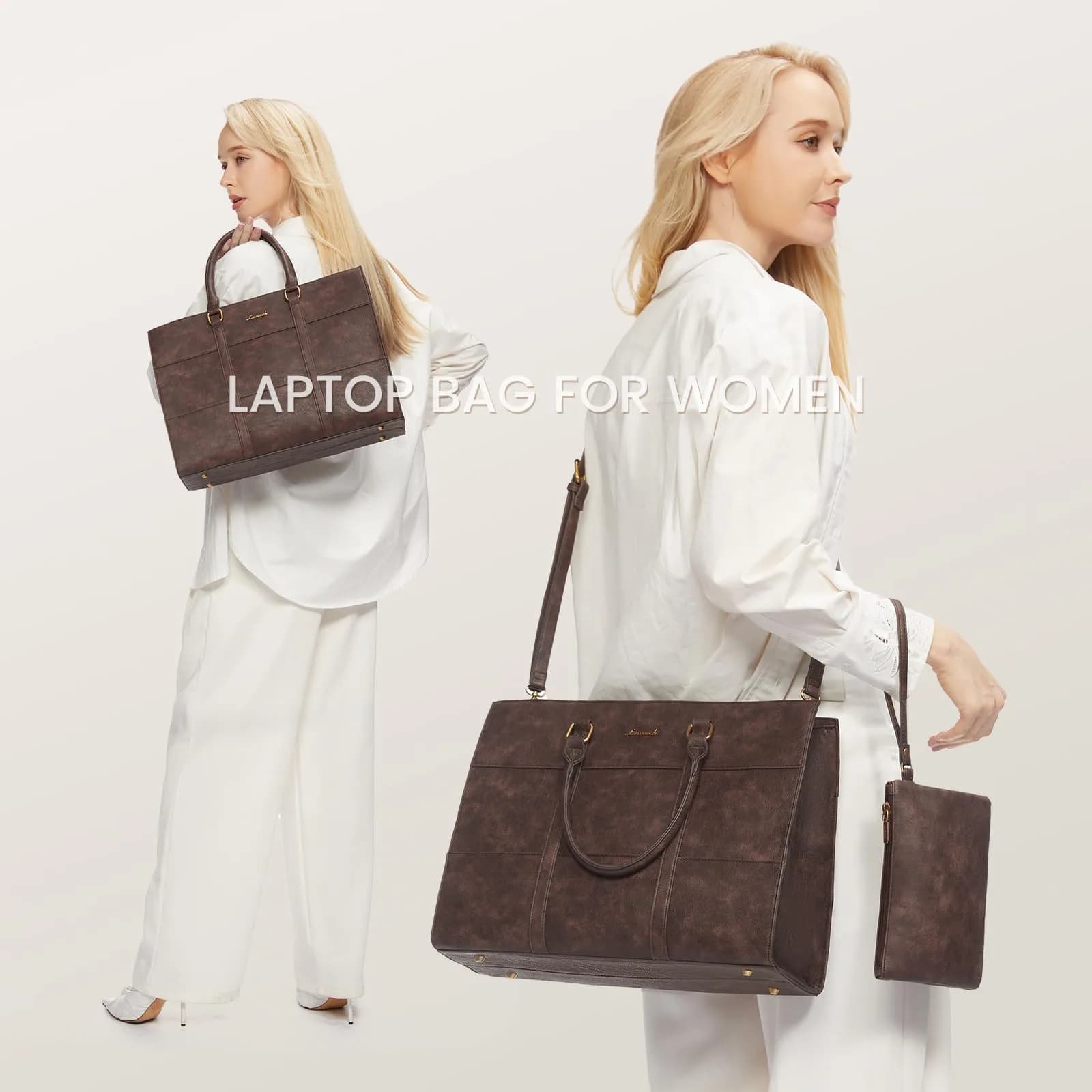 LOVEVOOK Vintage Leather Laptop Tote Bag for Women, 15.6 Inch (39.6 cm) with Clutch Purse | Waterproof Business Office Bag - view 2