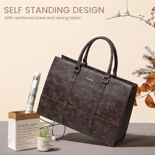 LOVEVOOK Vintage Leather Laptop Tote Bag for Women, 15.6 Inch (39.6 cm) with Clutch Purse | Waterproof Business Office Bag thumbnail 3