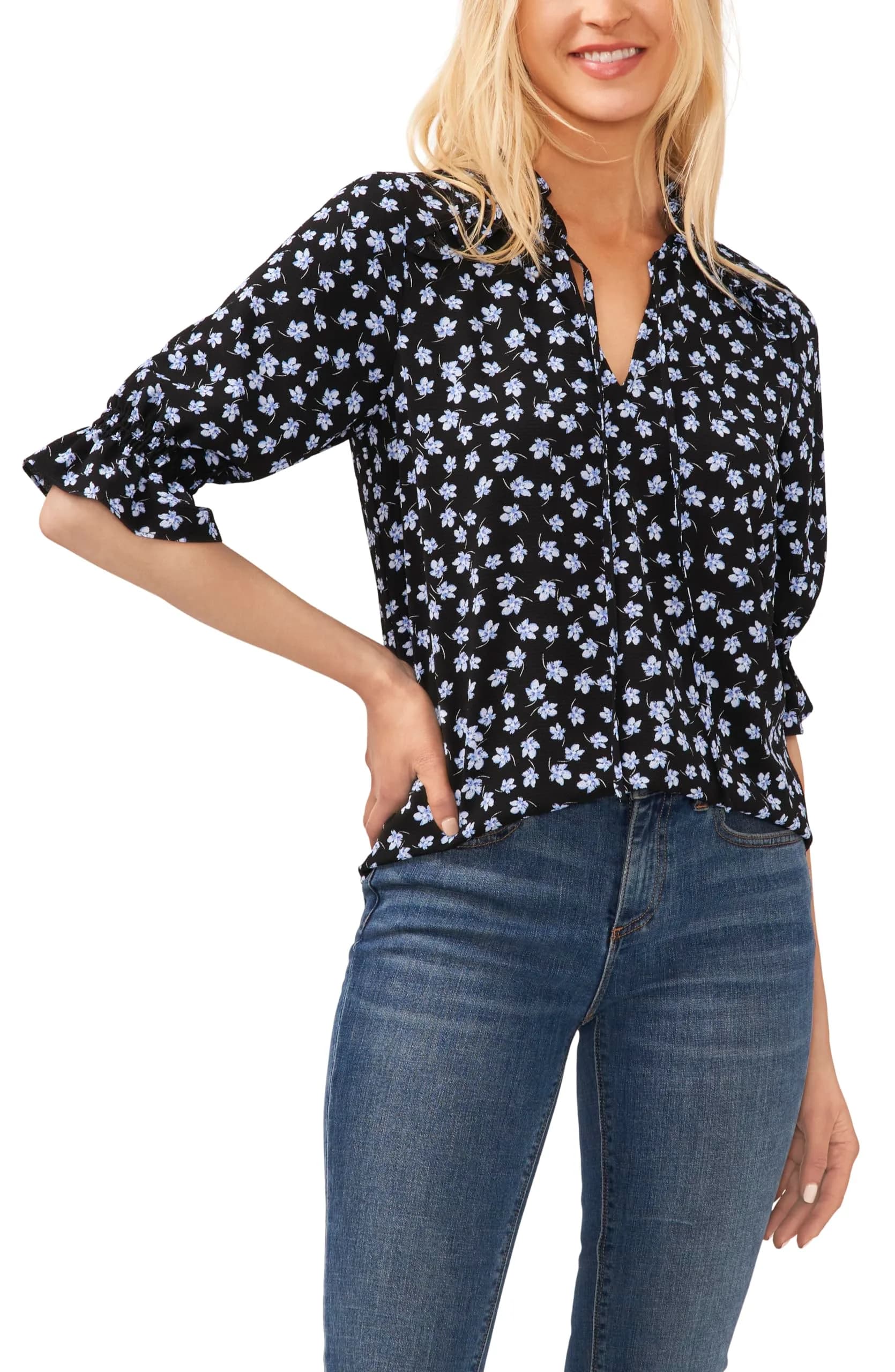 CeCe Elbow Sleeve Split Neck Top Rich Black | Versatile Casual Wear (70-120 chars)