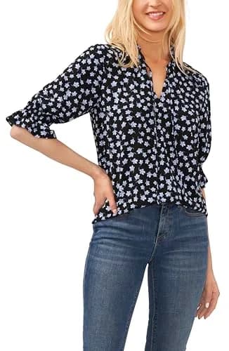 CeCe Elbow Sleeve Split Neck Top Rich Black | Versatile Casual Wear (70-120 chars) thumbnail 1