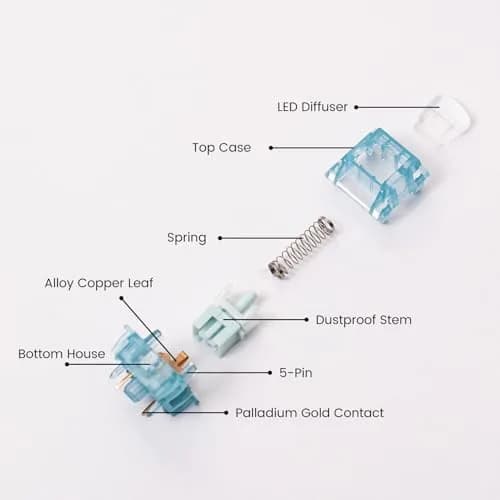 Akko Creamy Cyan Clicky Keyboard Switches (45pcs) | MX Style 5-Pin, 50gf, Pre-Lubed, LED Diffuser thumbnail 7