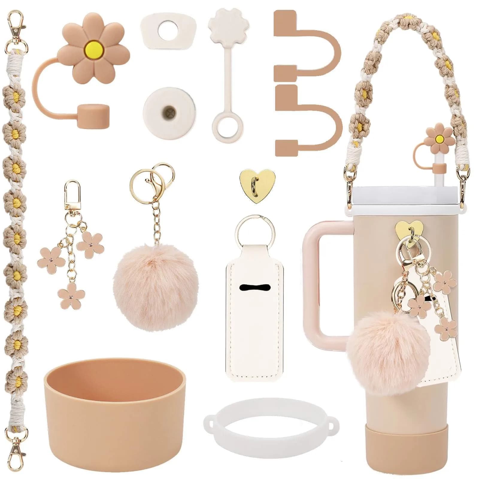 3tyto 13 Pcs Almond Rose Stanley Cup Accessories Set with Handle Strap & Silicone Boot - main product image