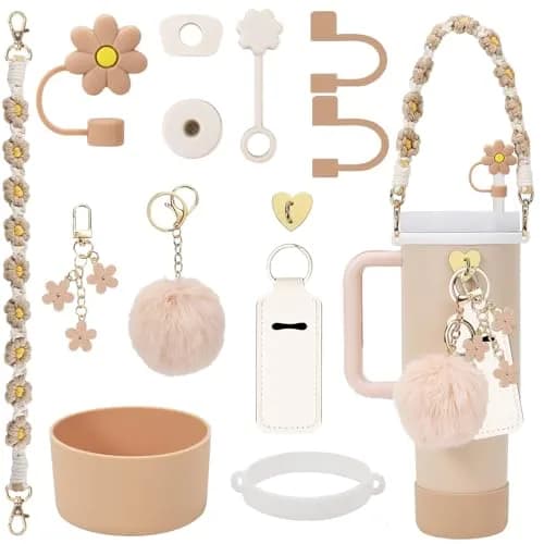 3tyto 13 Pcs Almond Rose Stanley Cup Accessories Set with Handle Strap & Silicone Boot thumbnail 1