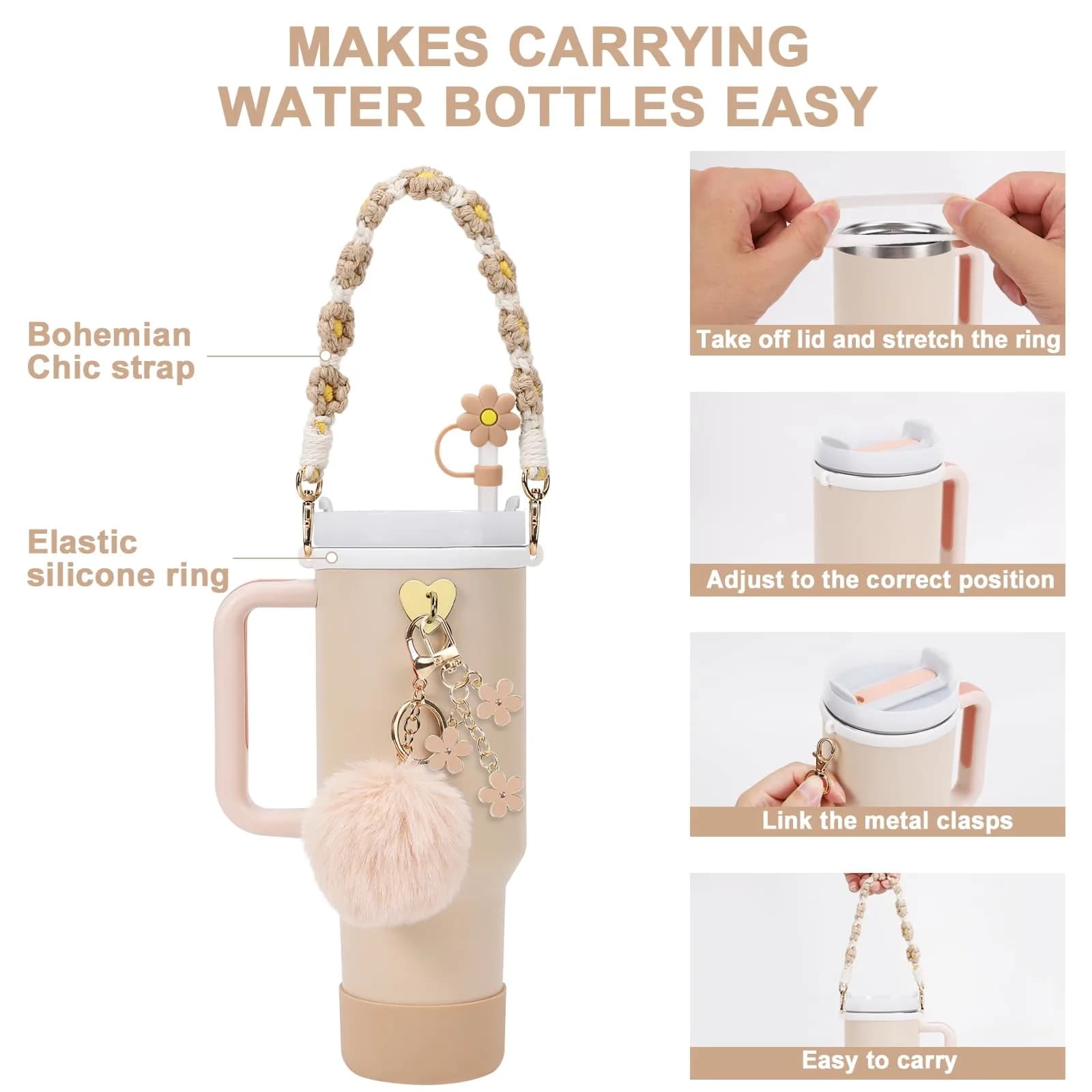 3tyto 13 Pcs Almond Rose Stanley Cup Accessories Set with Handle Strap & Silicone Boot - view 3