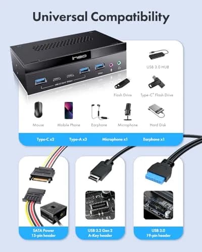 ineo 5.25" Front Panel USB 3.2 Gen 2 Hub - 2x 10Gbps USB-C, 2x 10Gbps USB-A, 1x USB 3.0 Type-A, Audio & Mic Jack [3570II] thumbnail 4