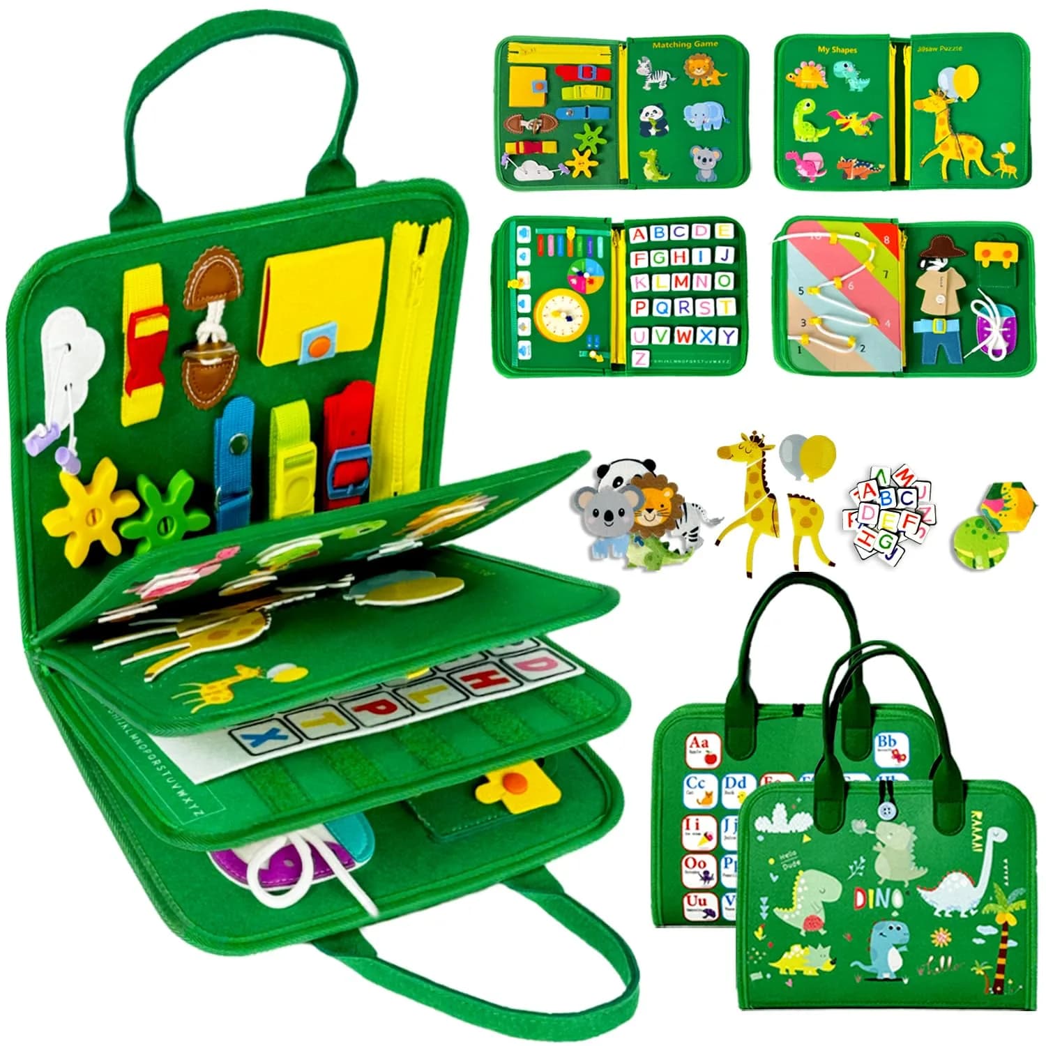 Qizfun Green Dino/P8 Dinosaur Busy Board | Montessori Learning Toy for Toddlers - main product image