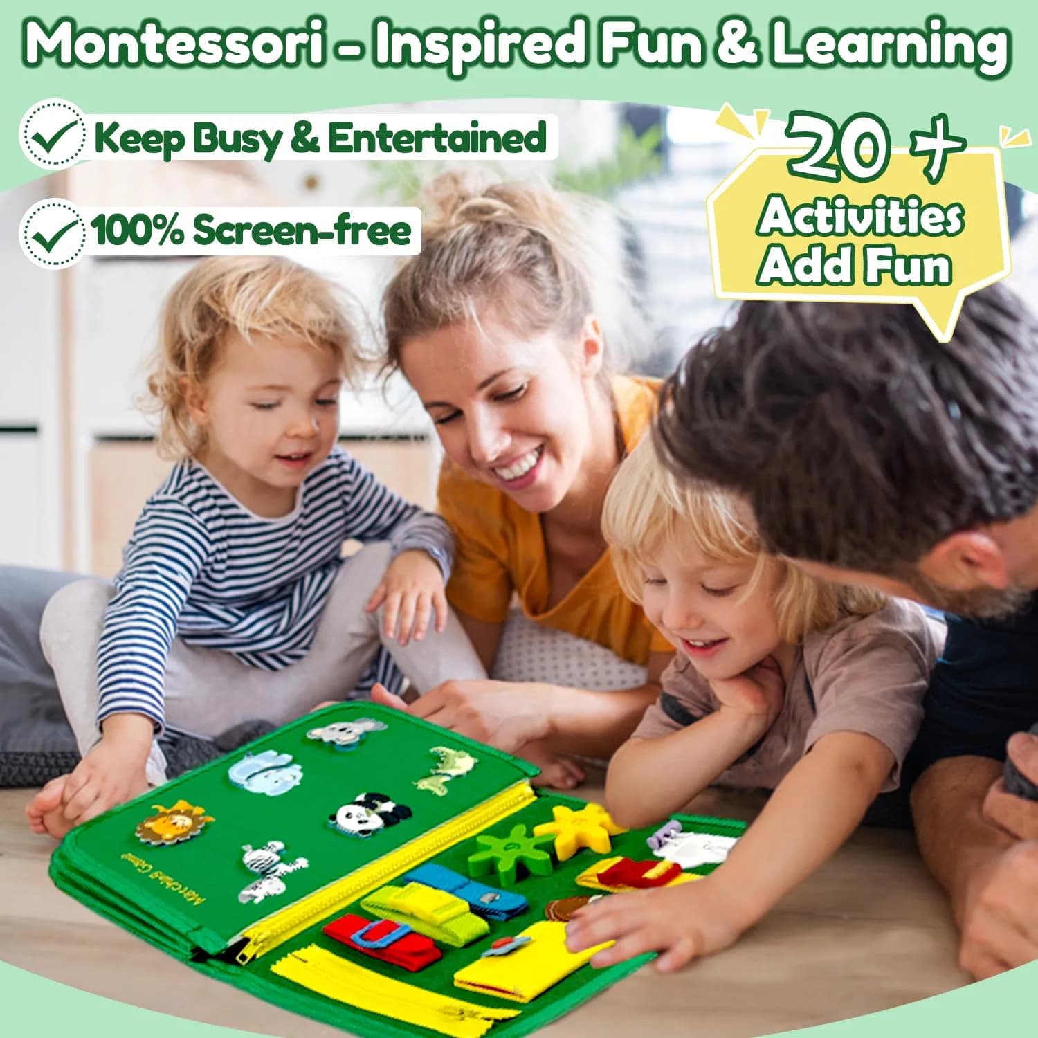 Qizfun Green Dino/P8 Dinosaur Busy Board | Montessori Learning Toy for Toddlers - view 2