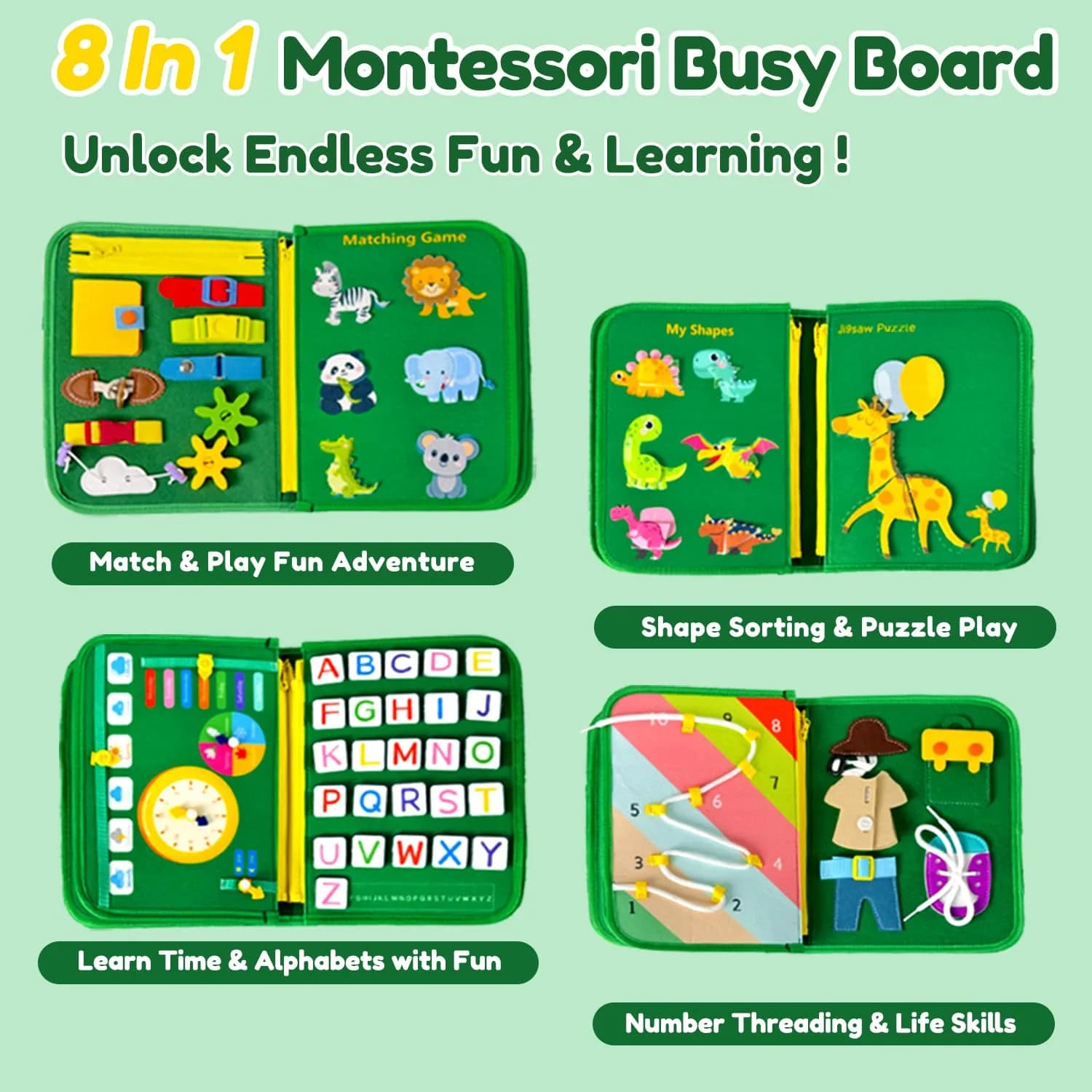 Qizfun Green Dino/P8 Dinosaur Busy Board | Montessori Learning Toy for Toddlers - view 3
