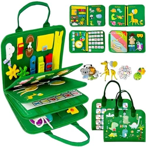 Qizfun Dinosaur Busy Board 27.9 cm (11 in) | Montessori Learning Toy for Toddlers — Green Dino/P8