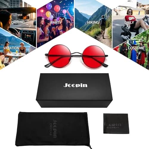 Joopin Small Round Sunglasses Circle Shades for Women Men Metal UV Protection (Black Tinted Red) | Vintage & Trendy thumbnail 6