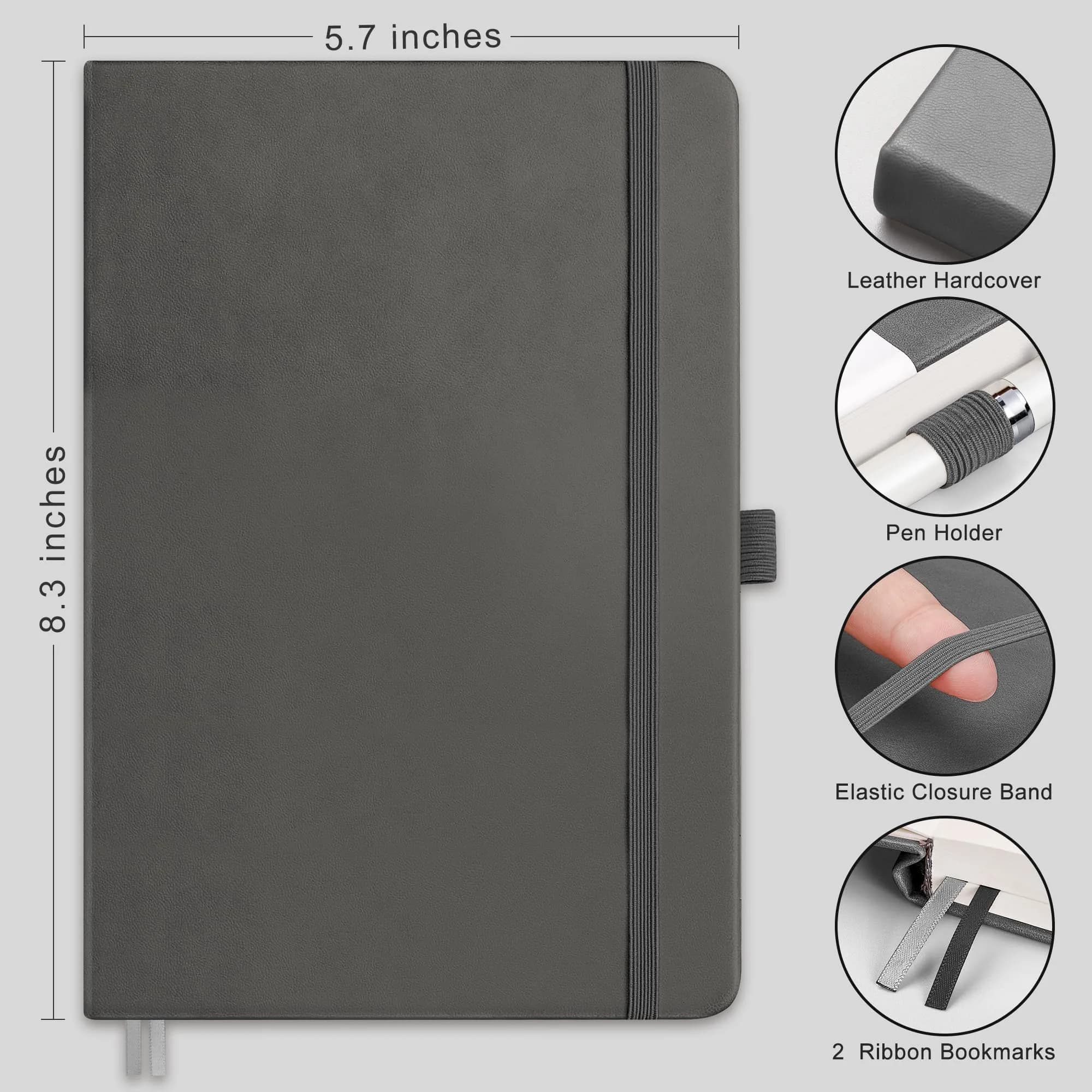RETTACY Blank Journal Notebook A5 Medium 192 Pages | Gray Leather Hardcover - view 2