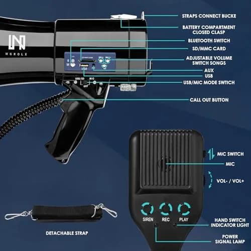 MGROLX 50W Rechargeable Megaphone Bullhorn with Bluetooth, USB, SD, AUX | 1500 Yards Loud Speaker thumbnail 2