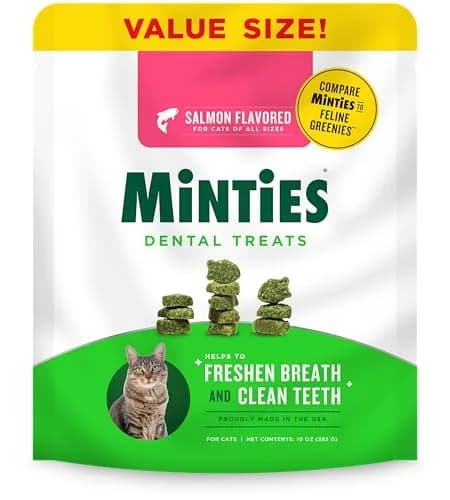Minties Dental Treats for Cats, Salmon Flavored Cat Dental Treats, Freshens Breath and Controls Tartar, 283g (10 oz) — 10 Ounce
