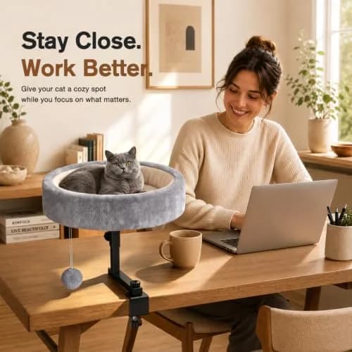 Chumajor Cat Desk Bed, 360° Rotating & Height Adjustable, Supports 50 lbs | Space-Saving Cat Workspace thumbnail 3