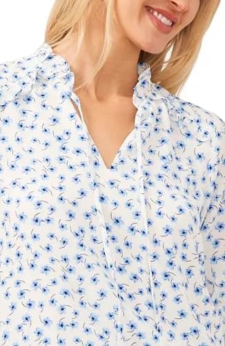 CeCe Elbow Sleeve Split Neck Top | Flattering V-Neck, Versatile Fit, New Ivory (98% Polyester, 2% Spandex) | Medium thumbnail 2