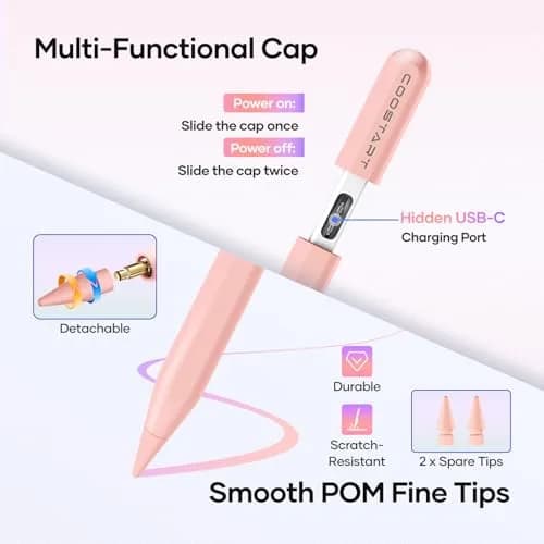 COOSTART Pink Stylus Pen for iPad 9th&10th Gen | Ultra Fast Charging, Precise & Durable (16.6cm * 0.9cm) thumbnail 3