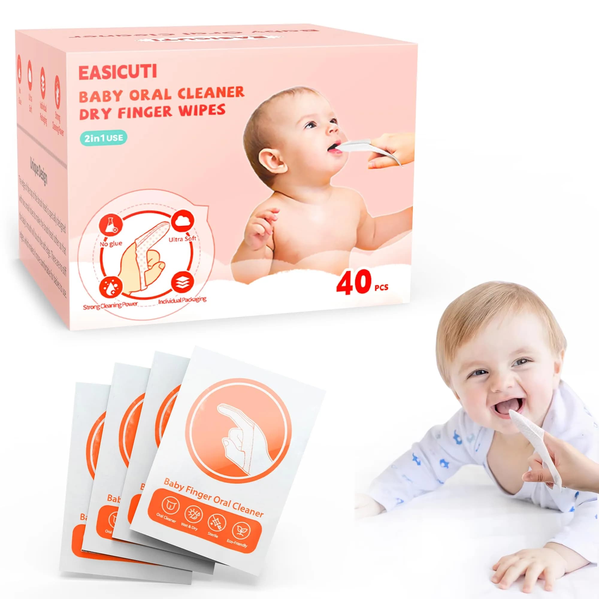 EASICUTI Baby Finger Toothbrush 40Pcs | Soft 3D Pearl Cotton Wipes for Infant Oral Care