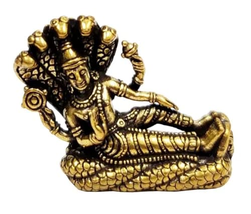 Purpledip Miniature Brass Idol Vishnu on Sheshnag 2.5cm (1" L x 0.5" W x 1" H) | Traditional Religious Collectible Statue thumbnail 2